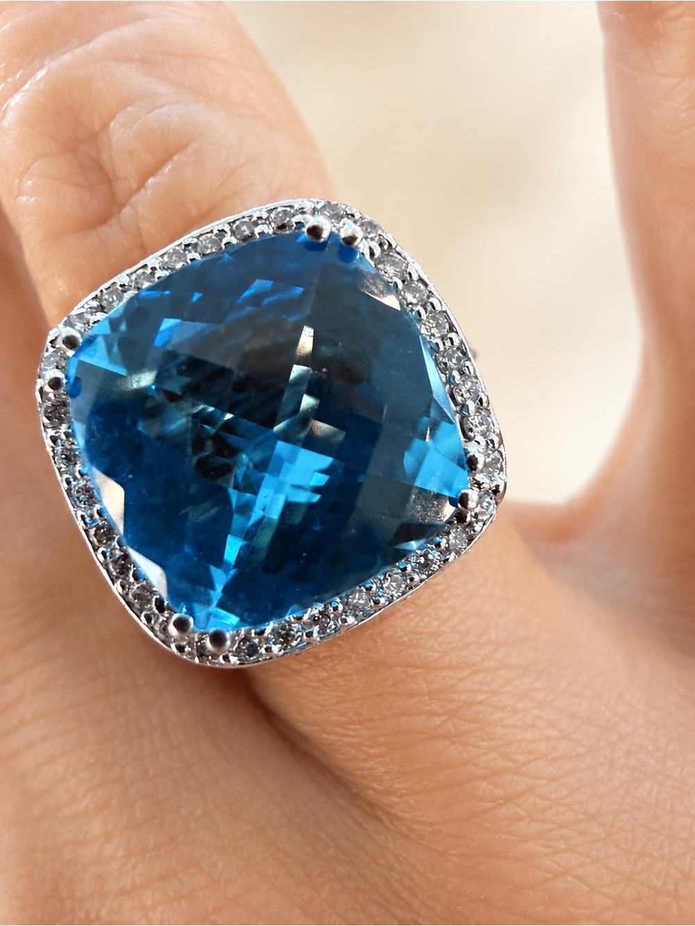 EFFY 14K White Gold Blue Topaz & Diamond Halo Statement Ring
